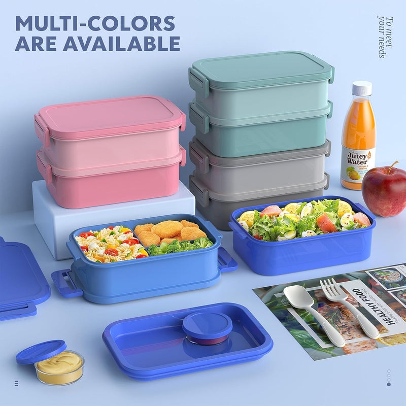 Jelife Adult Bento Lunch Box - 3 Layers Stackable Bento Lunch Box for Adults, 72oz Large All-in-One Bento Box Leak-Proof Lunch boxes with Utensil Sauce Containers, Ideal for Dining Out,Work, Blue - Image 2